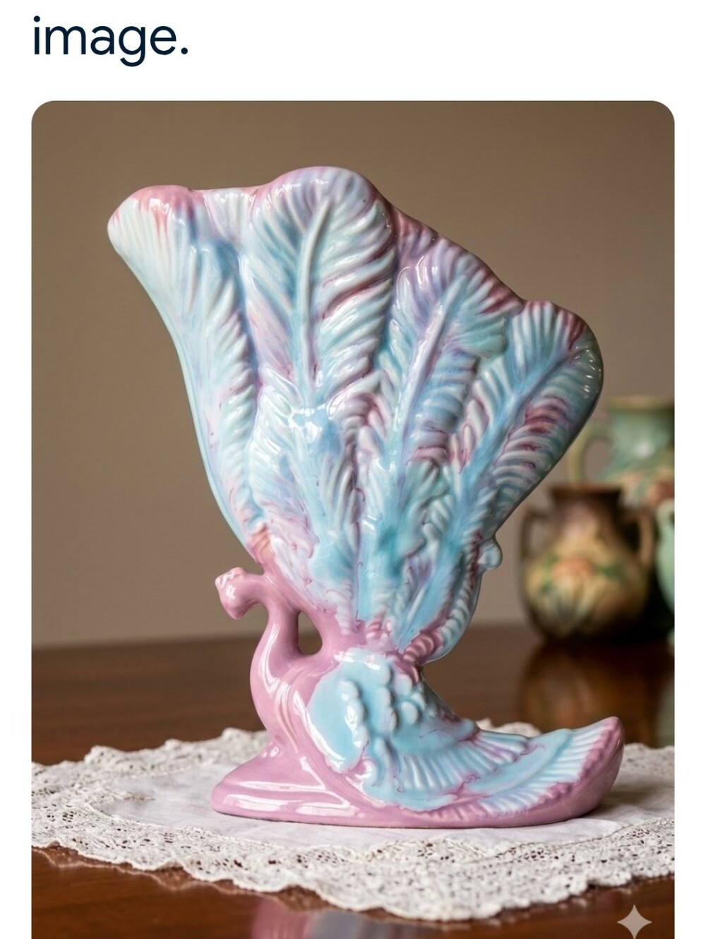 Vintage Peacock Fan Vase in Mauve and Blue Glaze